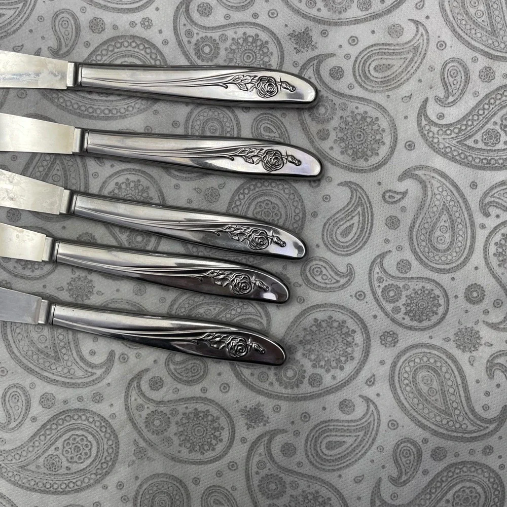 Vintage Stainless Steel Floral Handle Dinner Knives Set of 5